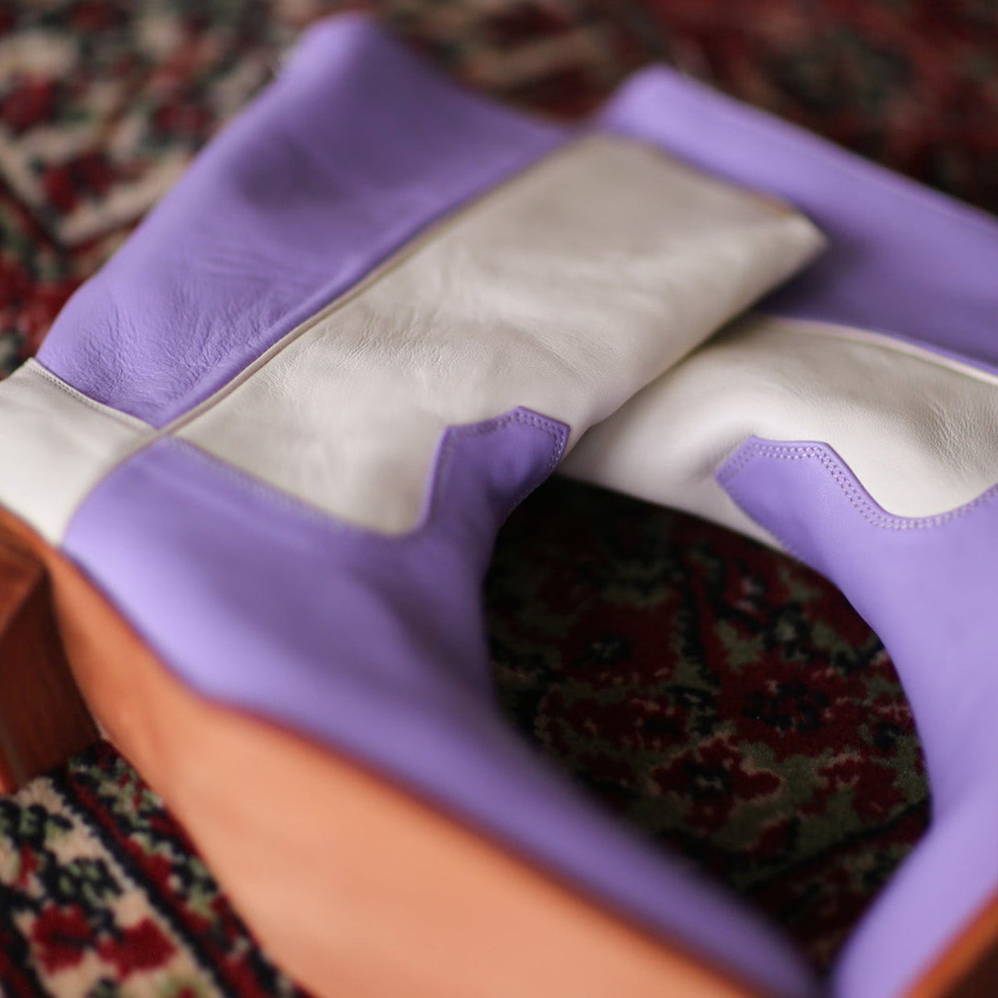 Cream And Lavender Almond-Toe Simple Back Full-Zip Mid Calf Cowgirl Boots