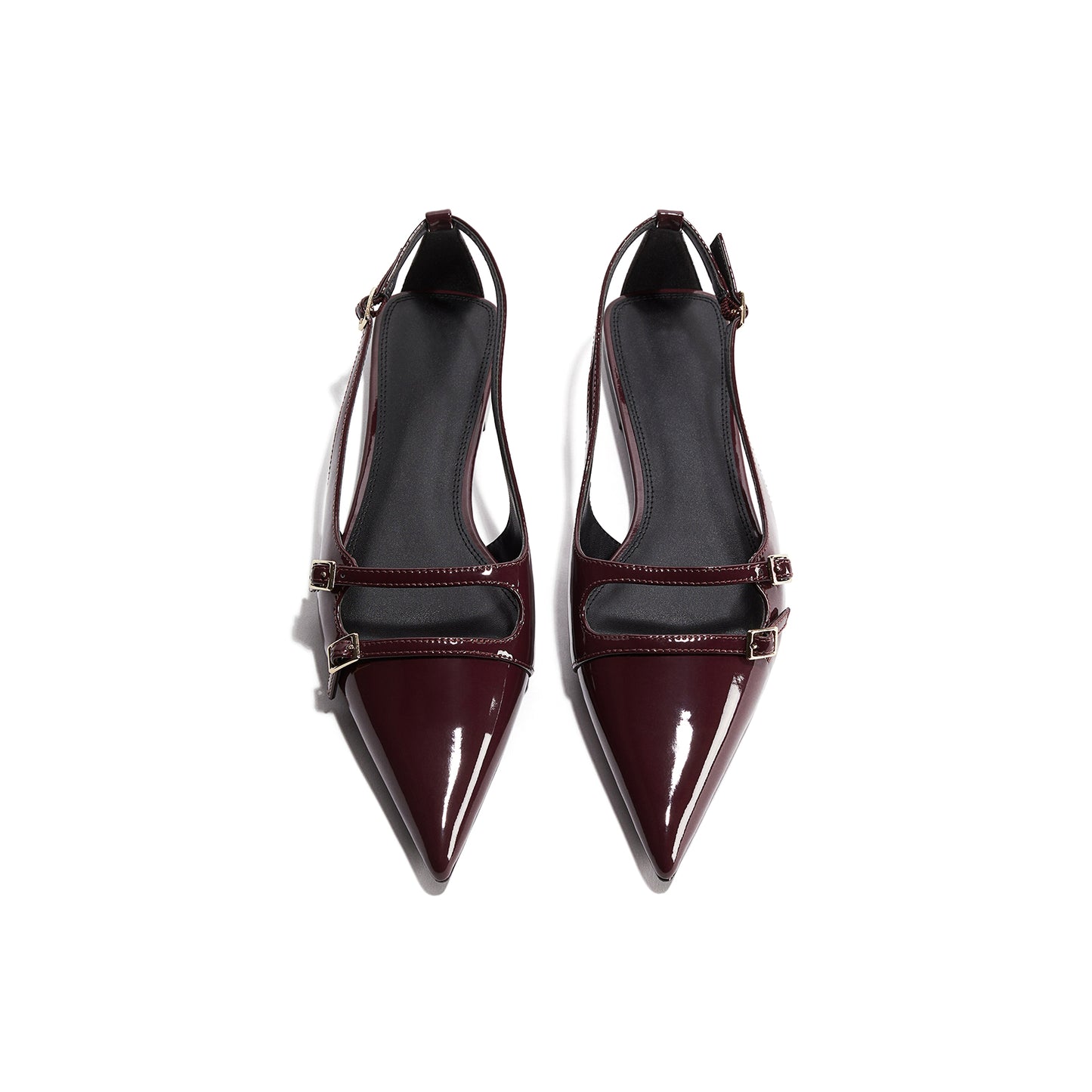 Patent Burgundy Pointed-Toe Front Double Straps Slingback Flats