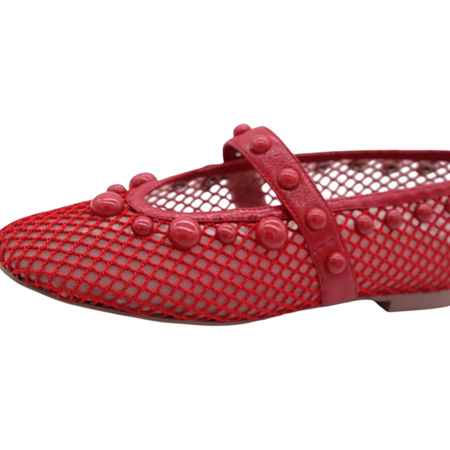 Red Mesh Square-Toe Studs And Mary Jane Ballet Flats