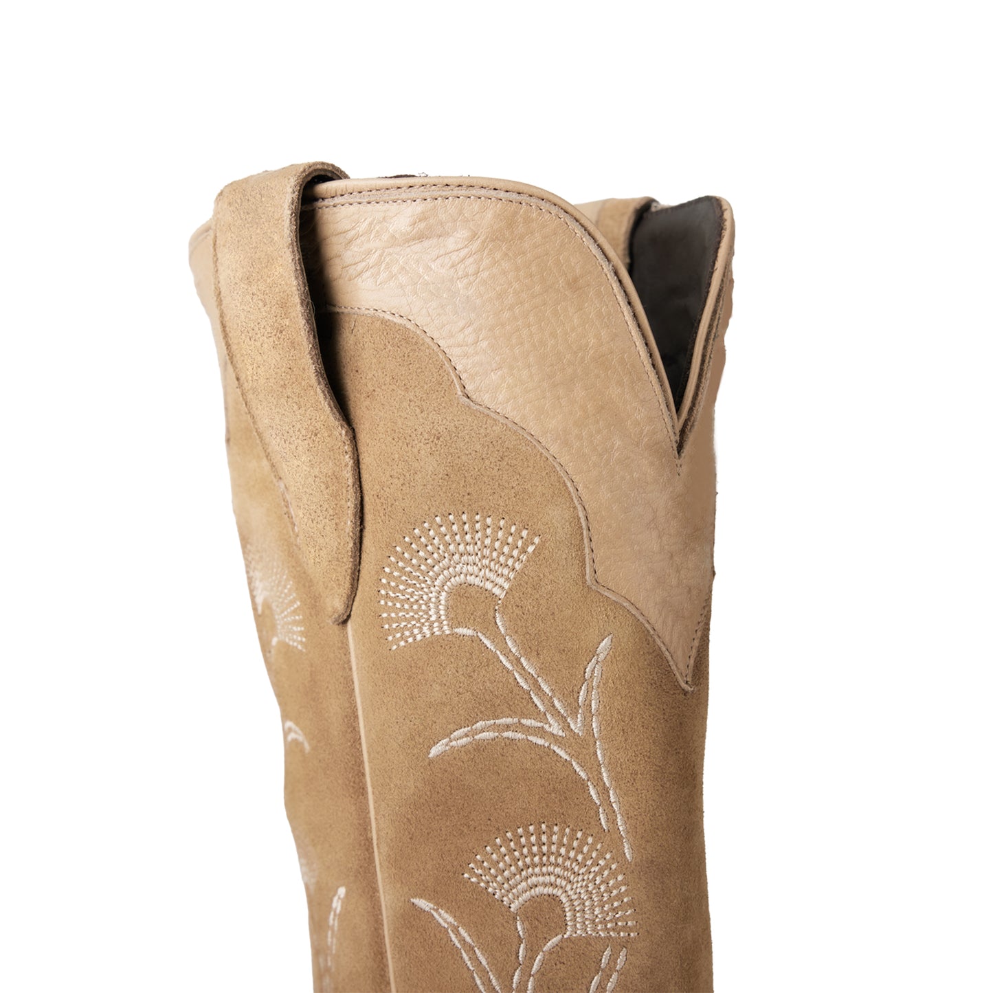 Sand Contrast Faux Suede And Vegan Leather Snip-Toe Floral Embroidery Half-Zip Knee High Cowgirl Boots