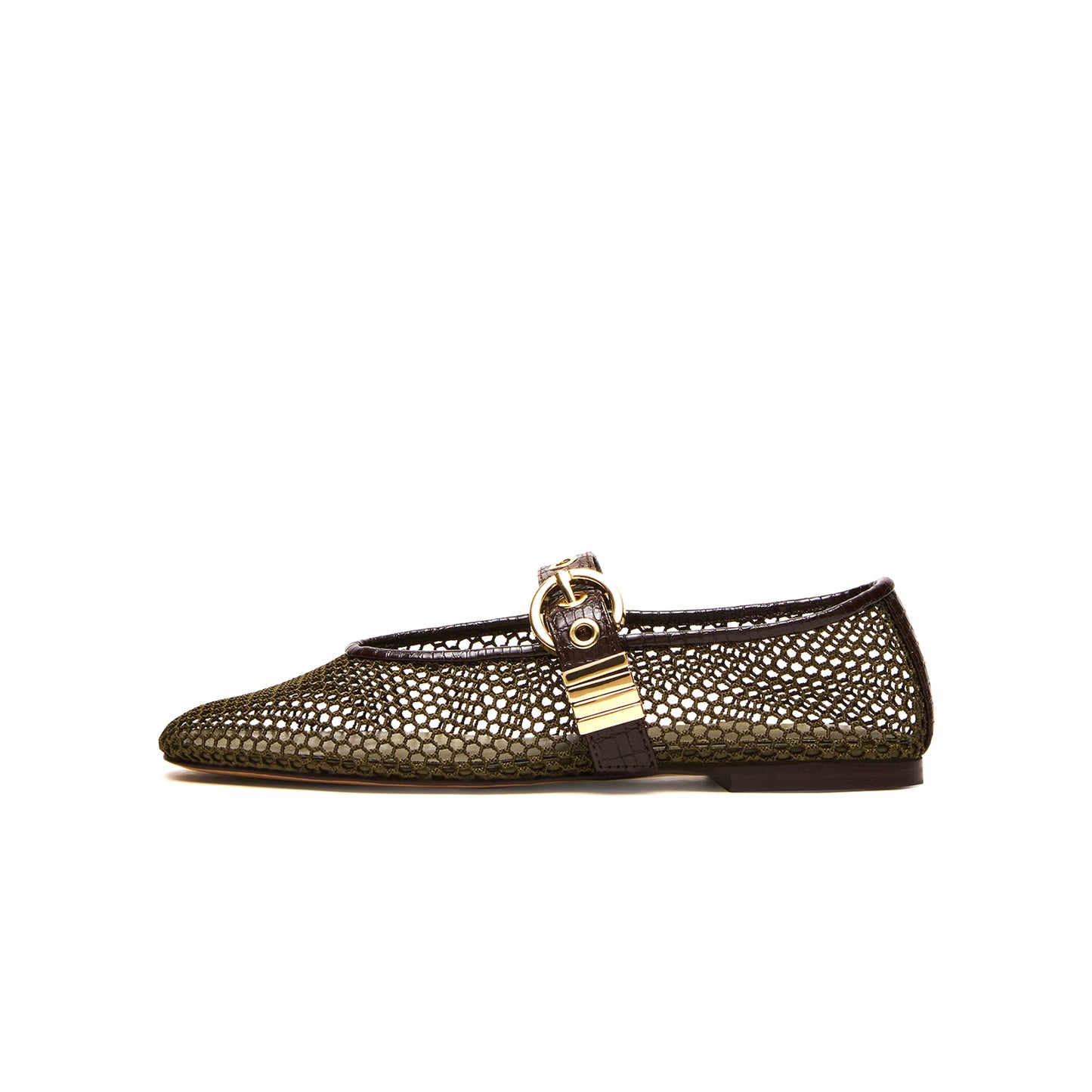 Olive Green Mesh Round-Toe Crocodile Print Bridge Strap Ballet Flats