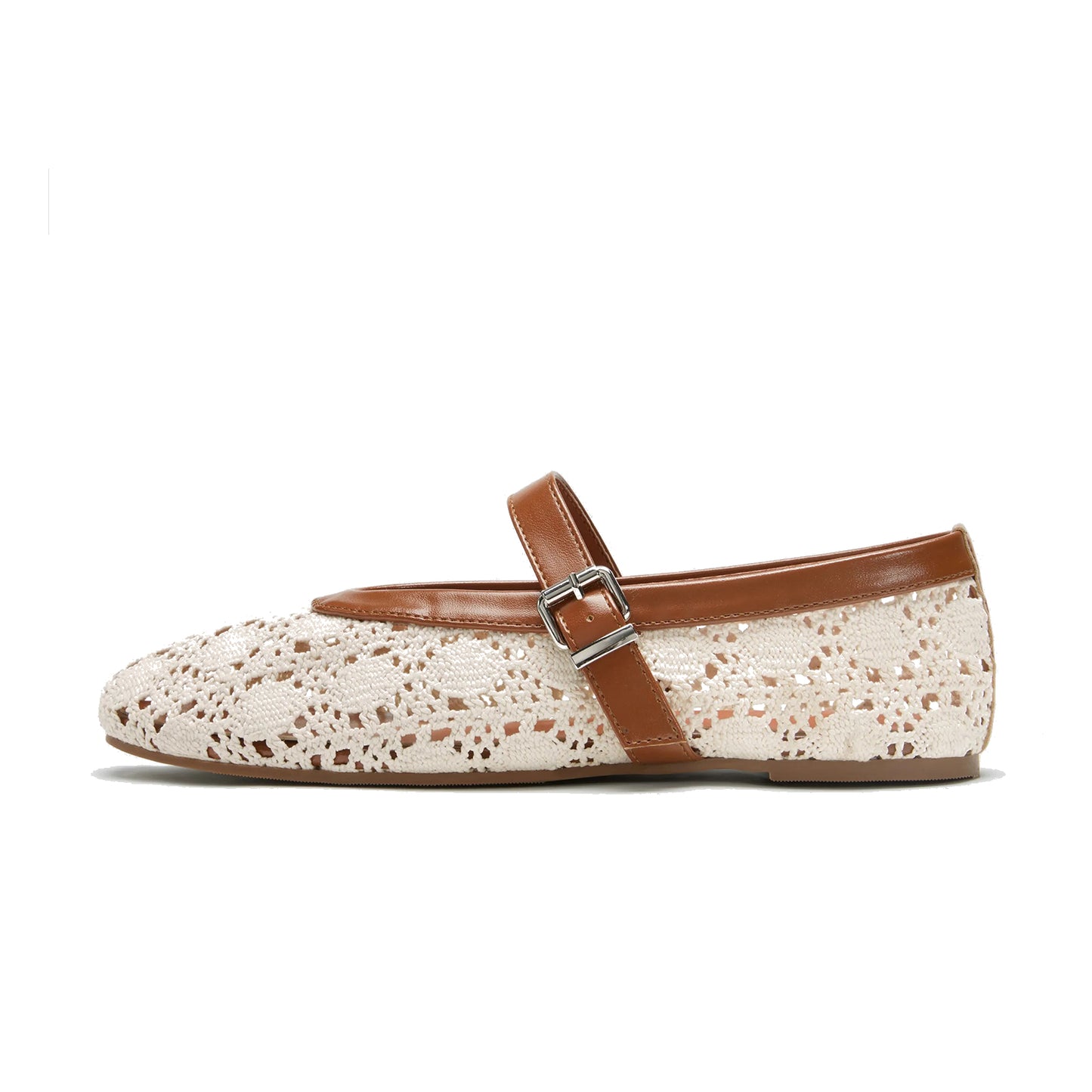 Beige Wool Weaving Round-Toe Buckle Mary Jane Classic Flats