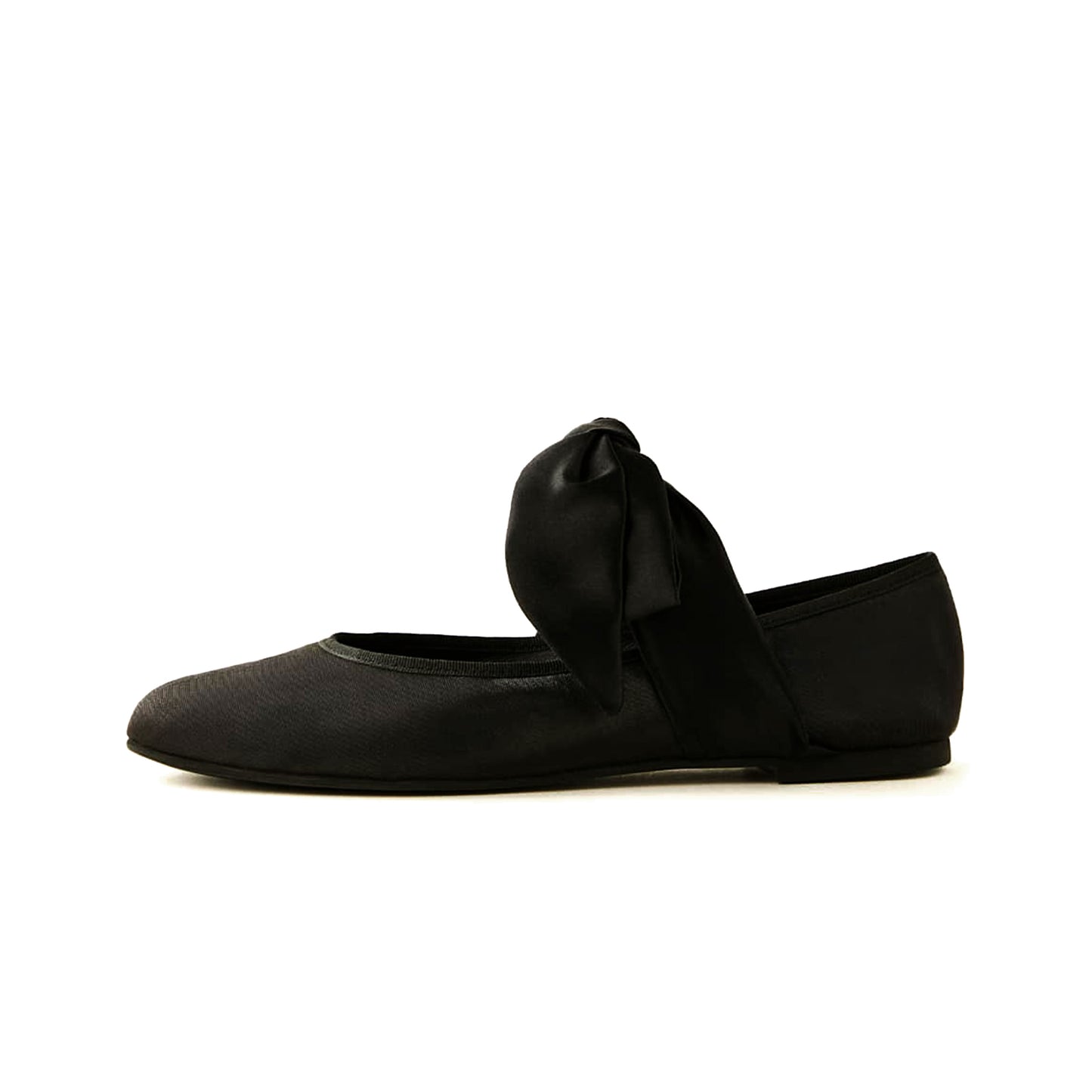 Black Satin Round-Toe Bridge Bow Strap Ballet Flats