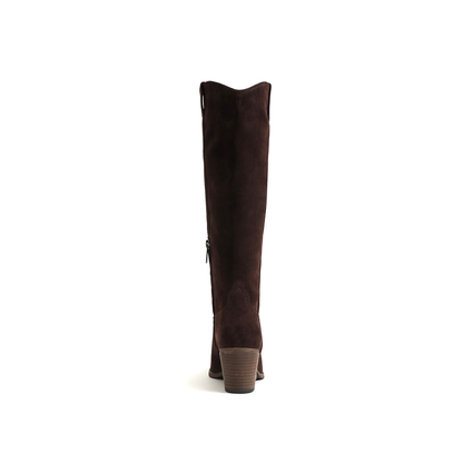 Chocolate Faux Suede Pointed-Toe Half-Zip Knee High Cowgirl Boots