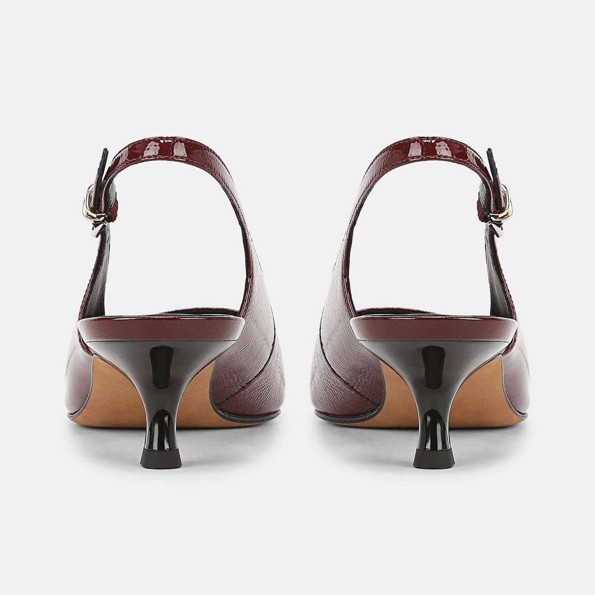 Patent Burgundy Chic Pointed-Toe Buckle Slingback Kitten Heels