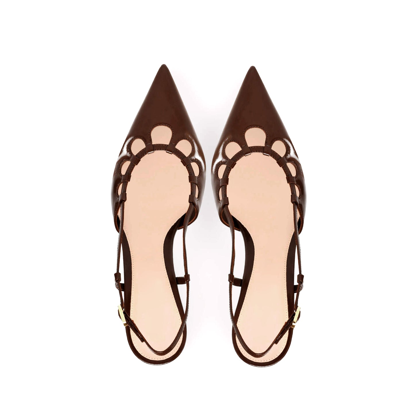 Patent Brown Pointed-Toe Buckle Slingback Kitten Heels