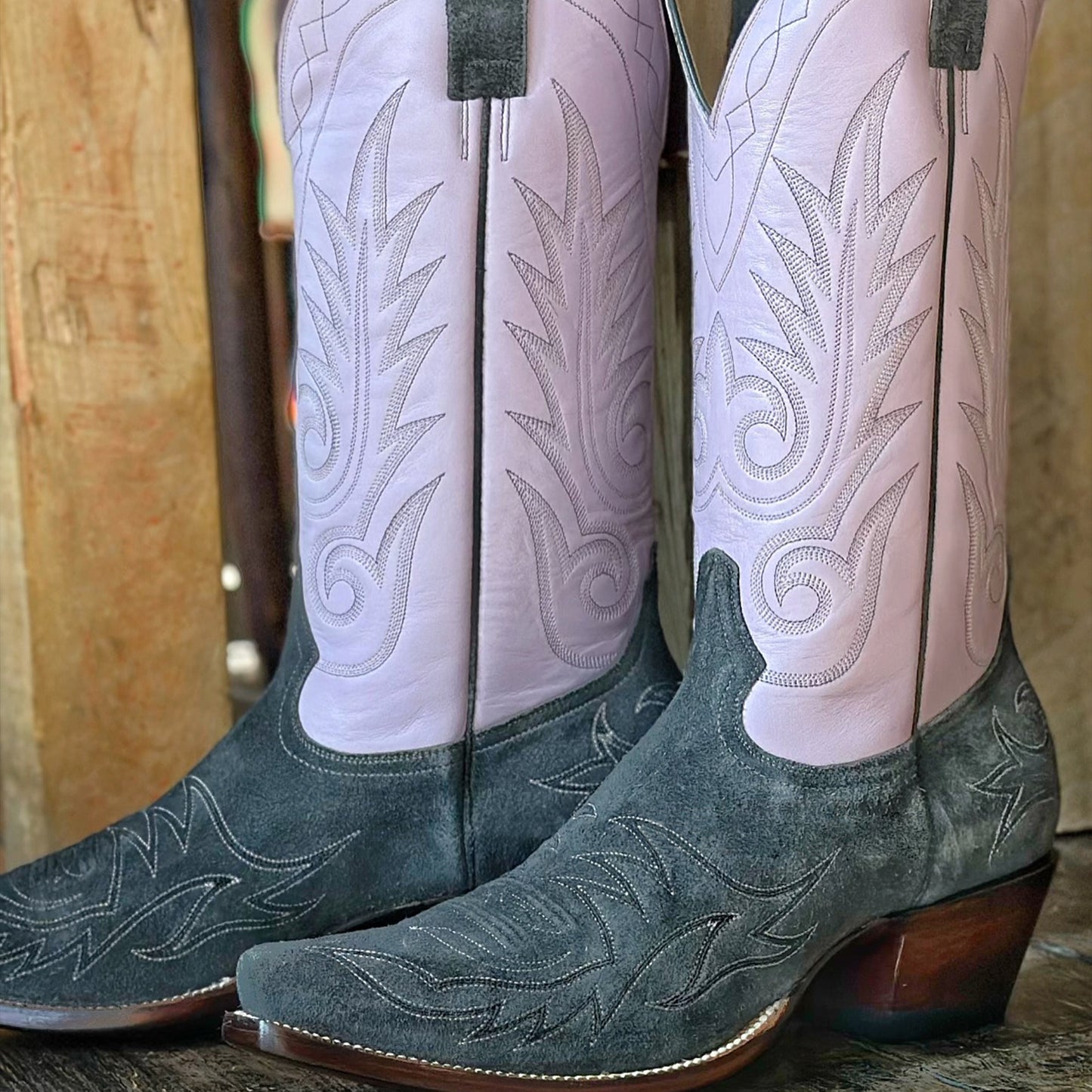 Contrast Lavender And Gray Faux Suede Snip-Toe Embroidery Mid Calf Cowgirl Boots