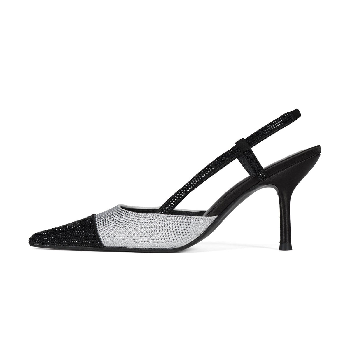 White And Black Faux Suede Pointed-Toe Back Strap High Heels