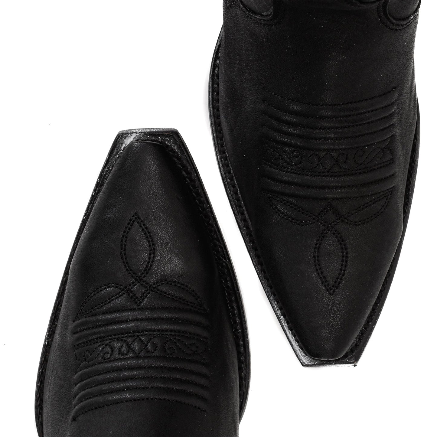 Black Snip-Toe Studs And Embroidery Wide Calf Knee High Cowgirl Boots