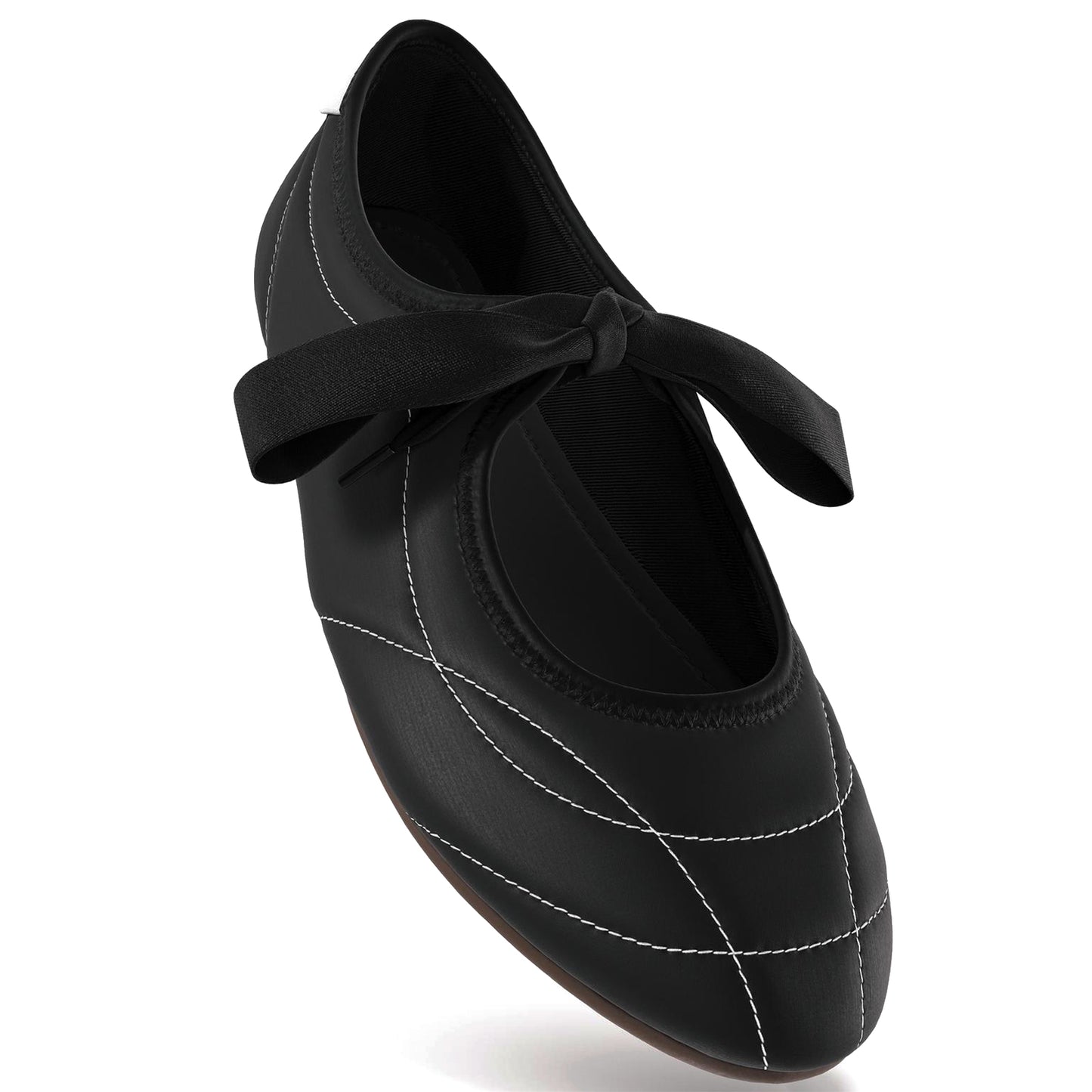 Black Satin Round-Toe Chic Stitch Bridge Strap Flats