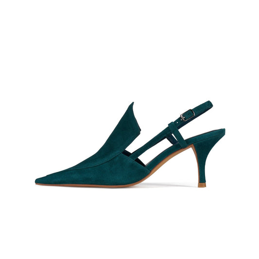 Turquoise Faux Suede Pointed-Toe Slingback Kitten Heels