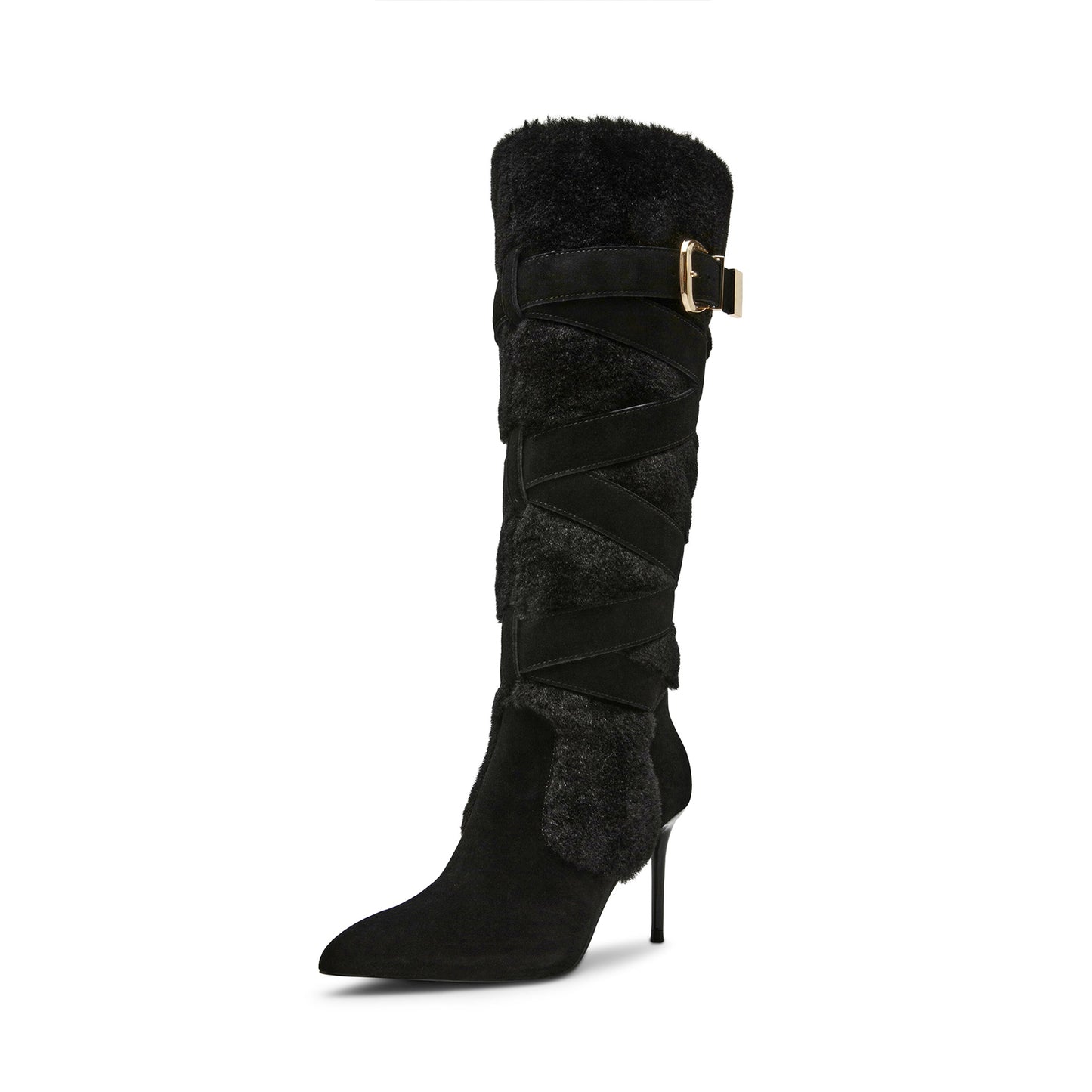 Black Faux Suede Contrast Plush Pointed-Toe Full-Zip Buckle Knee High Stiletto Boots