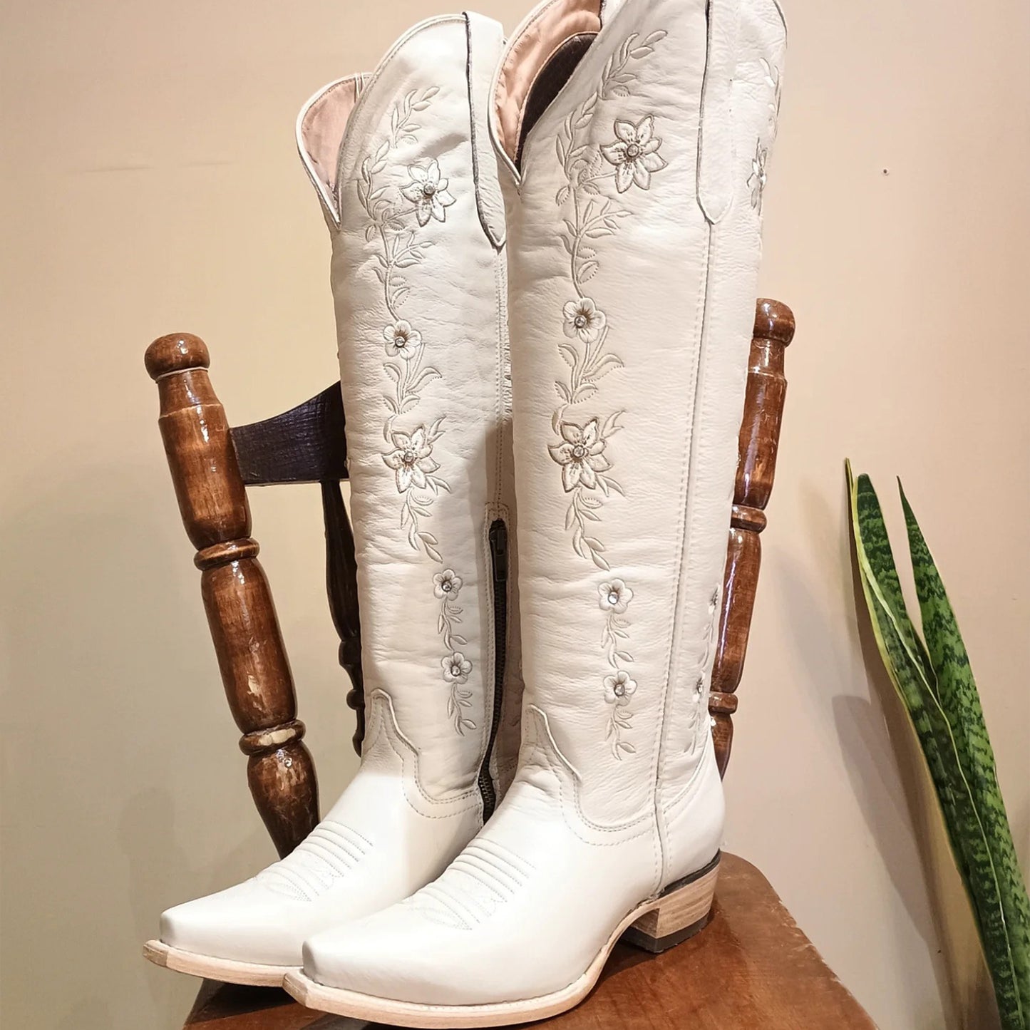 Cream Snip-Toe Flower Embroidery Rhinestone Half-Zip Knee High Cowgirl Boots