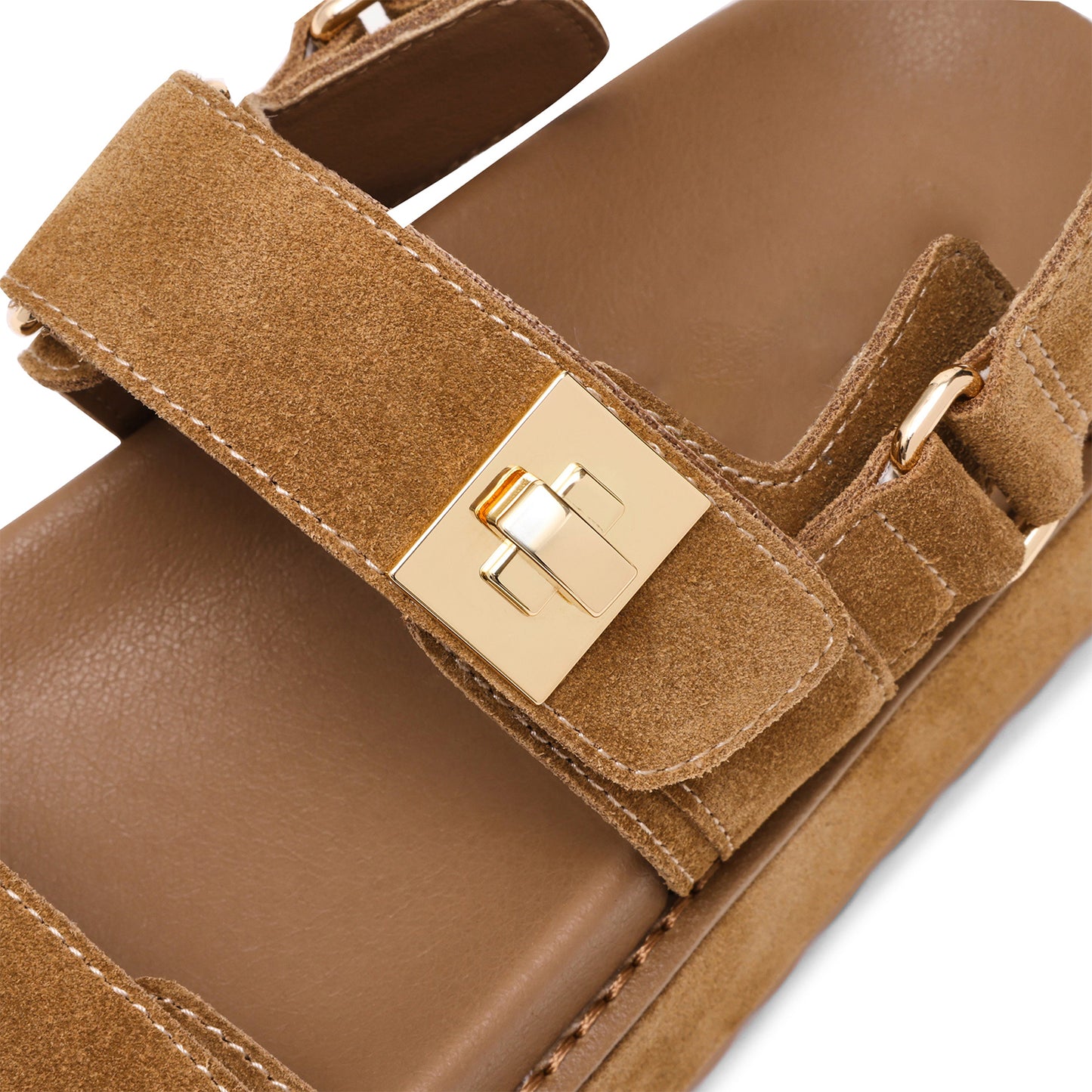 Tan Faux Suede Square-Toe Three Straps Sandals Flats