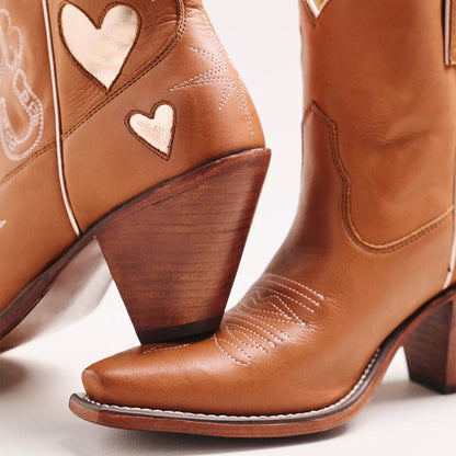Cognac Snip-Toe Embroidery Metallic Gold Heart Inlay Ankle Cowgirl Boots
