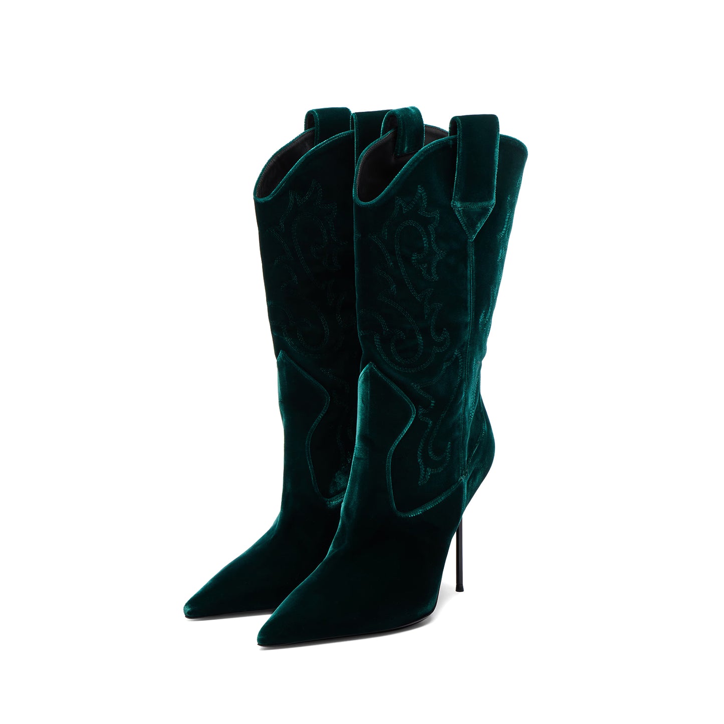 Dark Blue Velvet Pointed-Toe Embroidery Chic Mid Calf Stiletto Boots