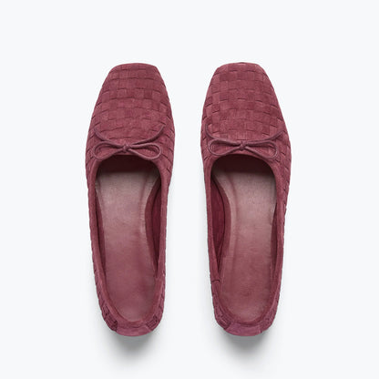 Wine Red Woven Faux Suede Square-Toe Front Bow Ballet Flats