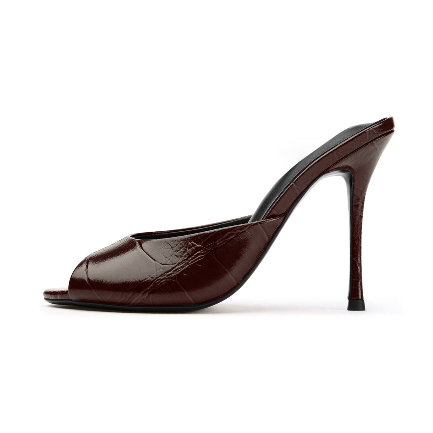 Burgundy Stone Pattern Peep Round-Toe Slip-On Backless Stiletto High Heels