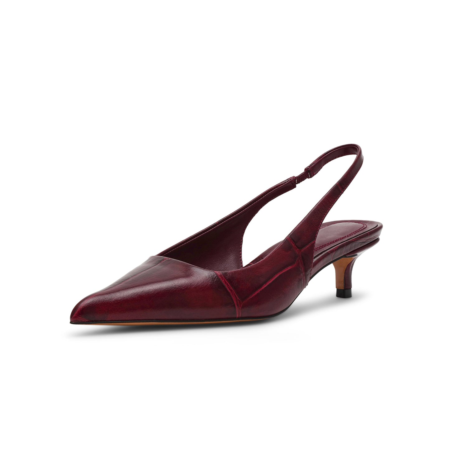 Wine Red Stone Print Pointed-Toe Classic Slingback Kitten Heels