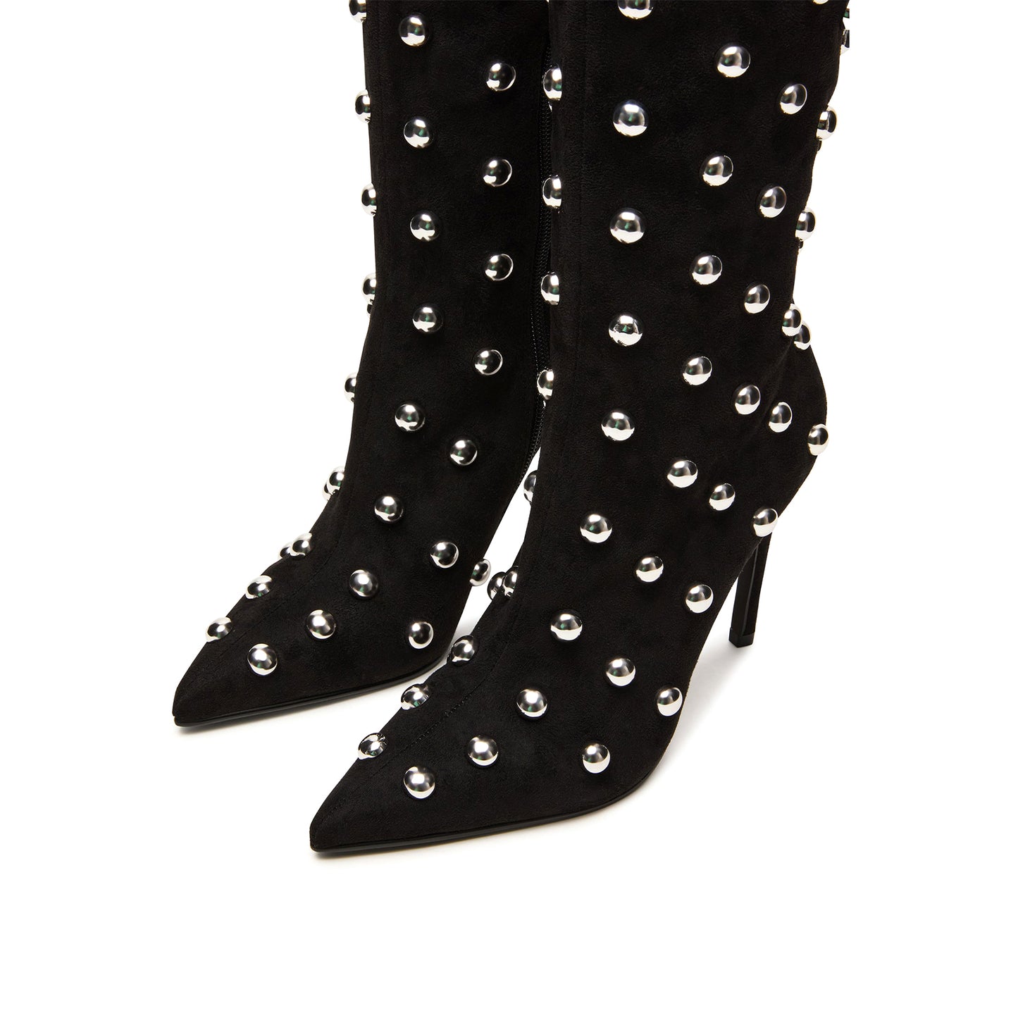 Black Faux Suede Pointed-Toe Full Studs Half-Zip Knee High Stiletto Boots