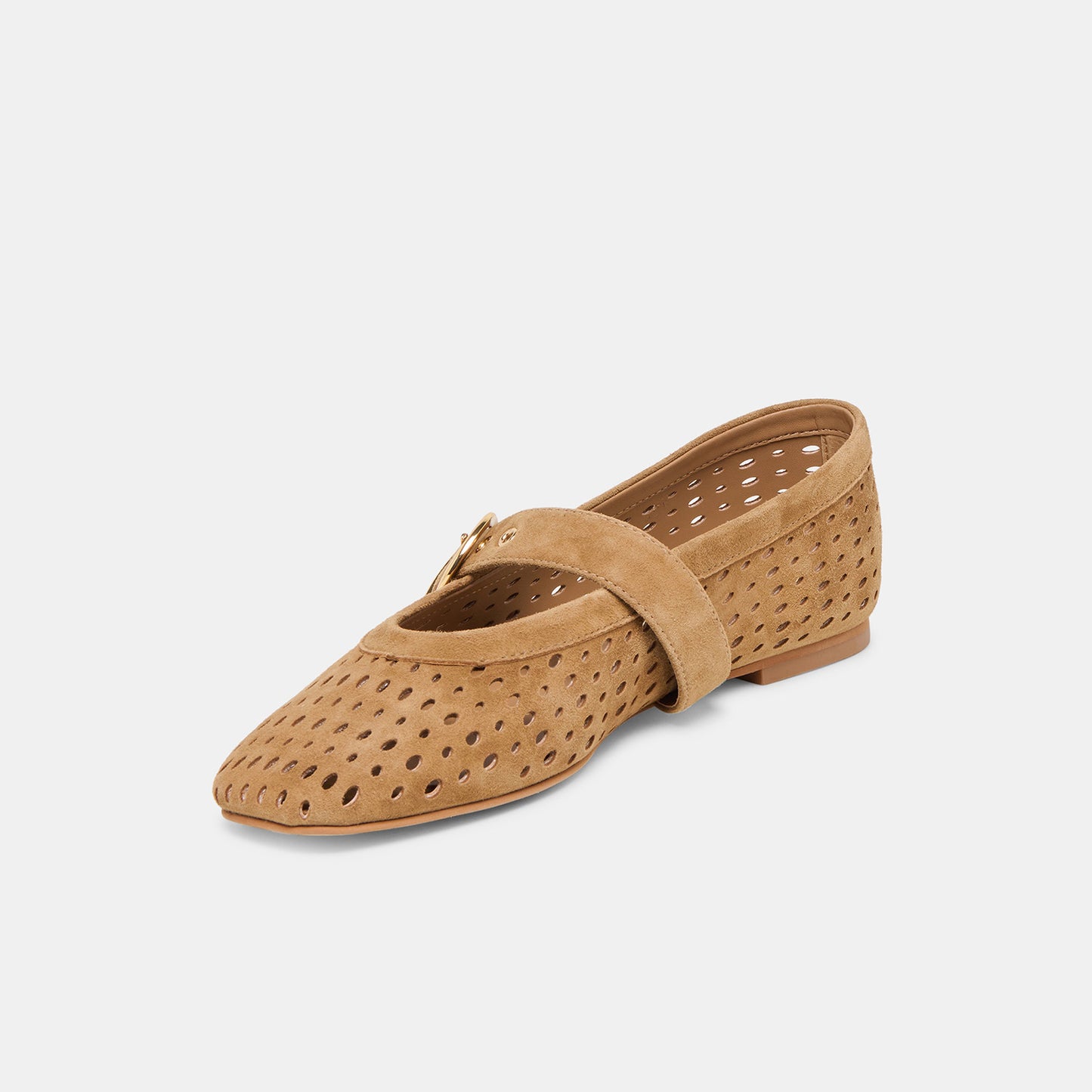 Brown Perforated Faux Suede Square-Toe Mary Janes Ballet Flats