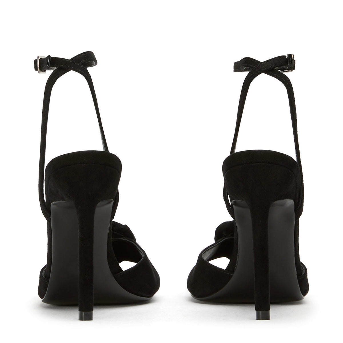 Black Faux Suede Square-Toe Front Rose Ankle Strap High Heels