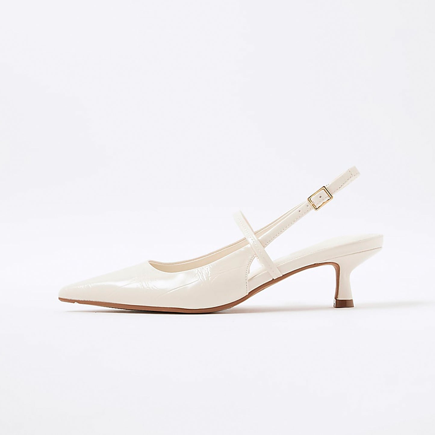 Cream Stone-Print Pointed-Toe Strappy Slingback Kitten Heels