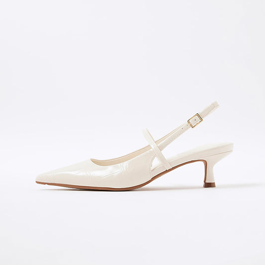 Cream Stone-Print Pointed-Toe Strappy Slingback Kitten Heels