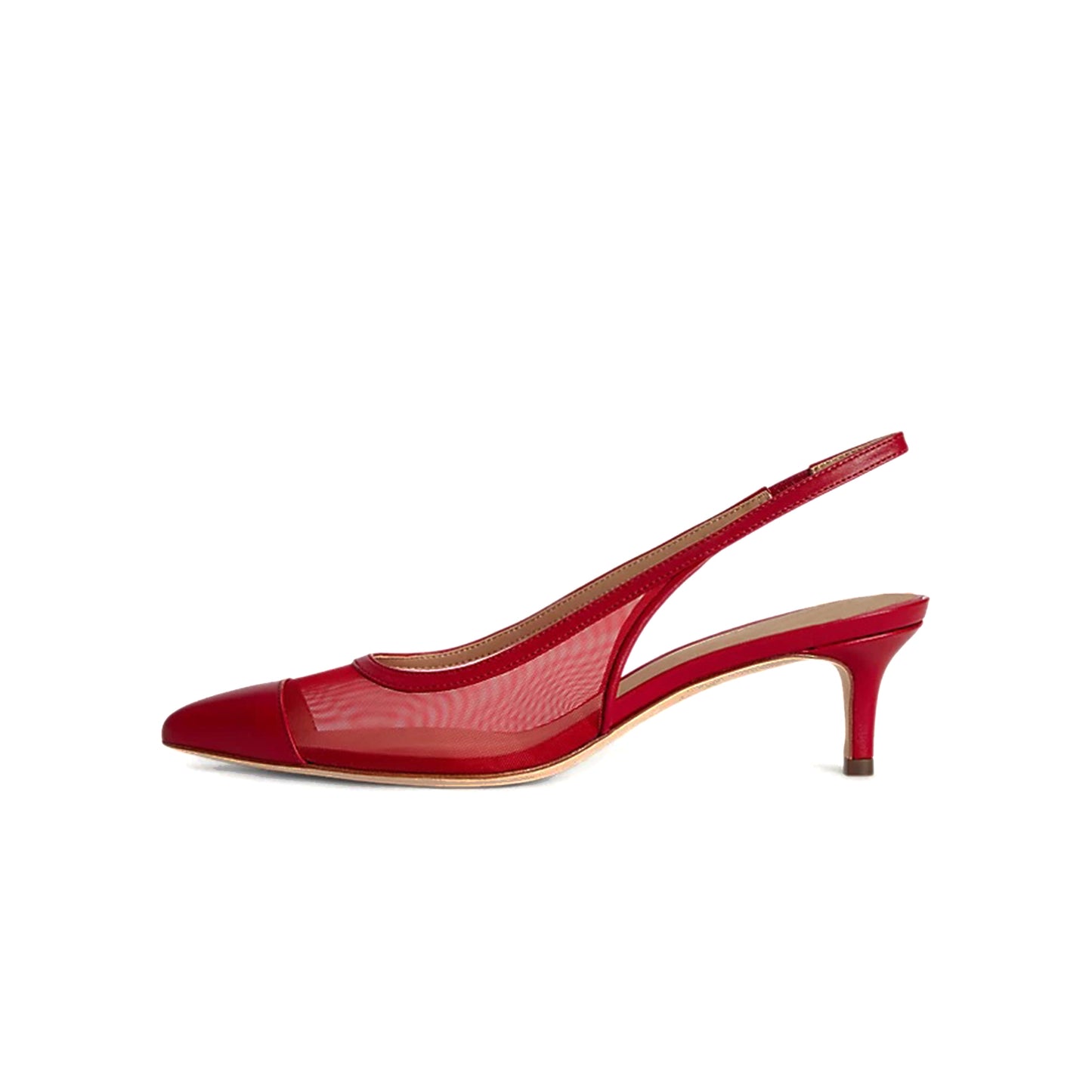 Red Mesh And Vegan Leather Pointed-Toe Back Strap Chic Kitten Heels