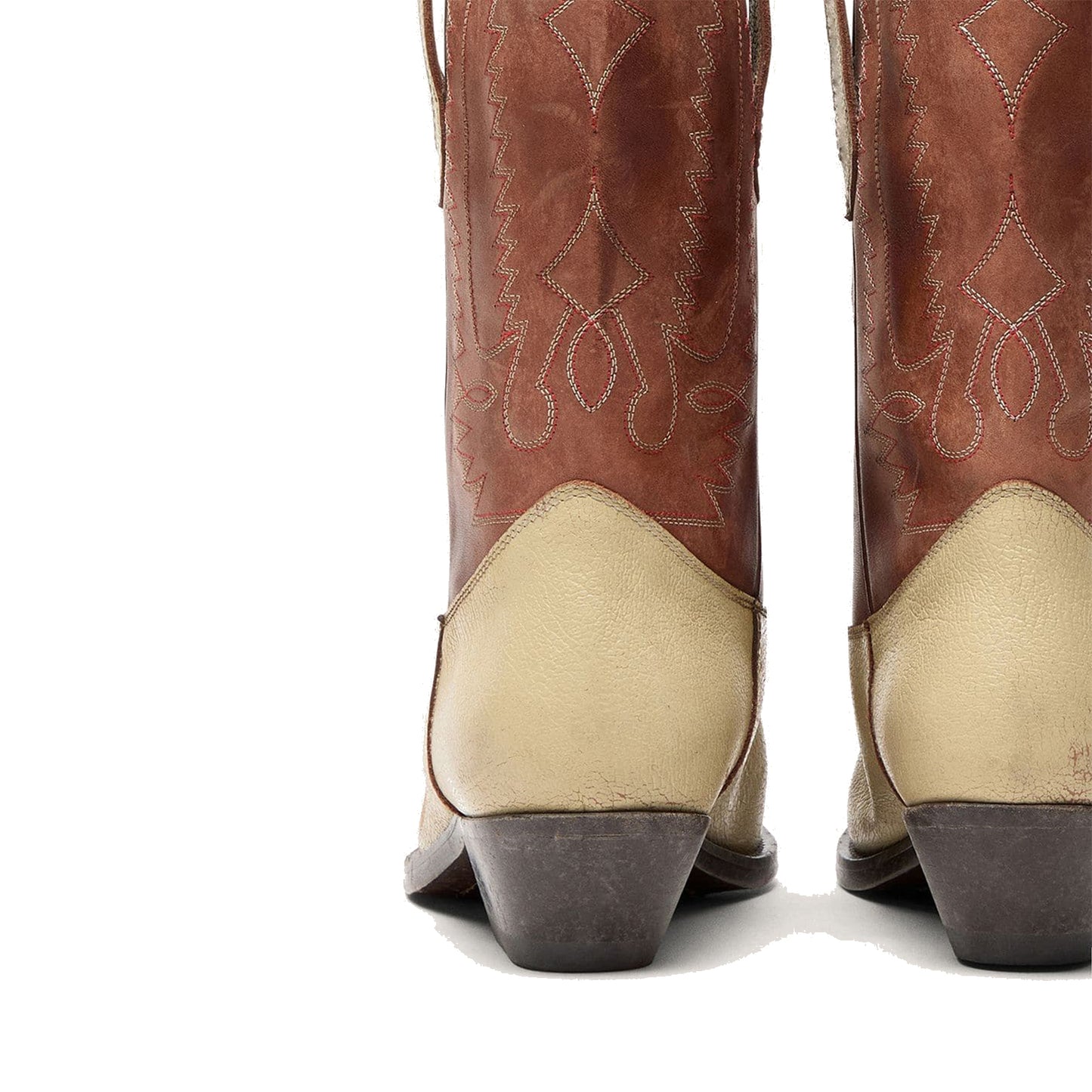 Contrast Brown And Beige Snip-Toe Chic Embroidery Mid Calf Cowgirl Boots