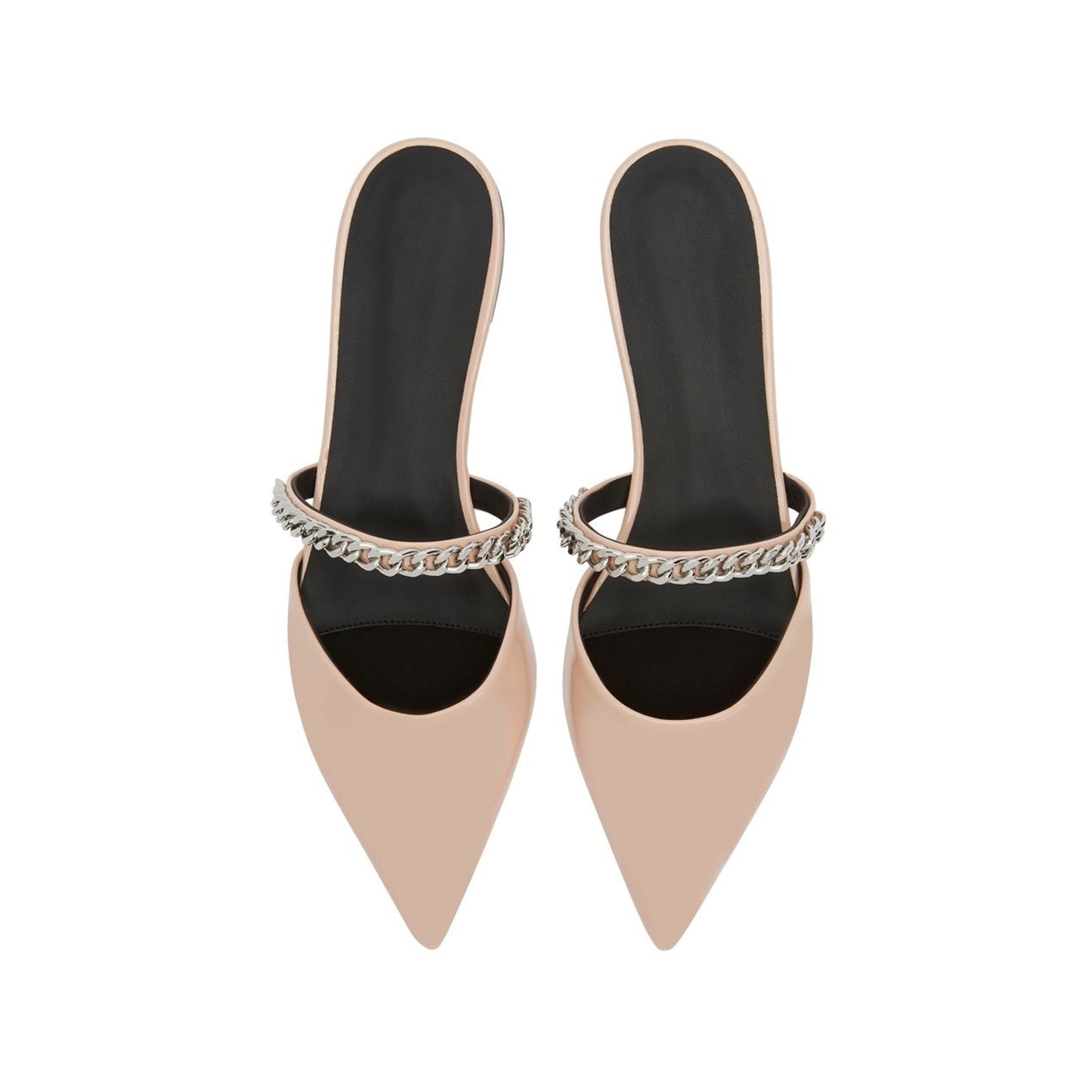 Patent Pink Pointed-Toe Bridge Strap With Silver Chain Backless Flats
