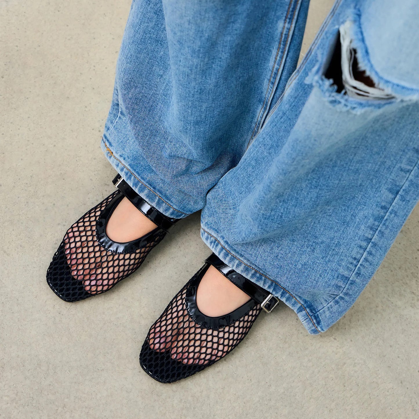 Black Mesh And Patent Leather Square-Toe Mary Jane Ballet Flats