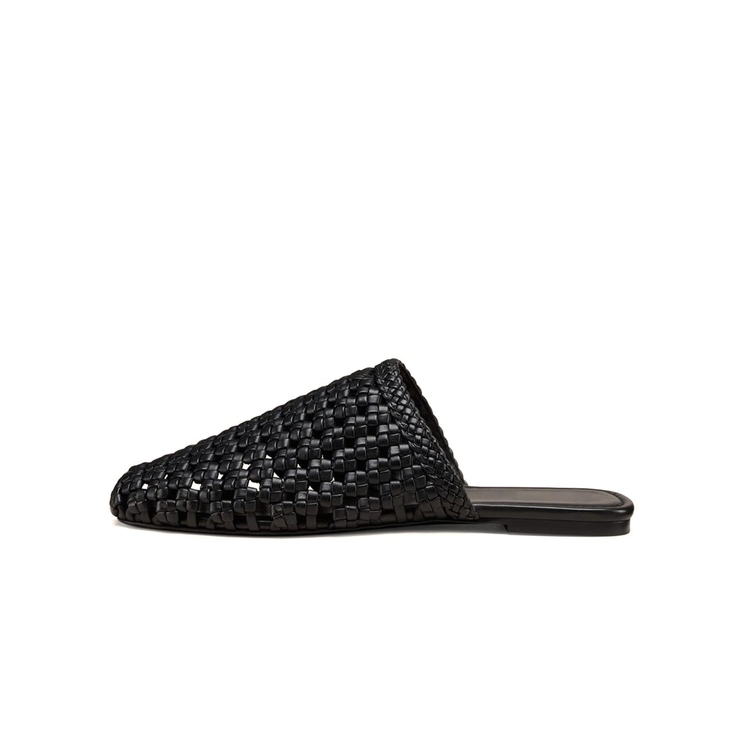 Black Woven Vegan Leather Square-Toe Backless Chic Flats