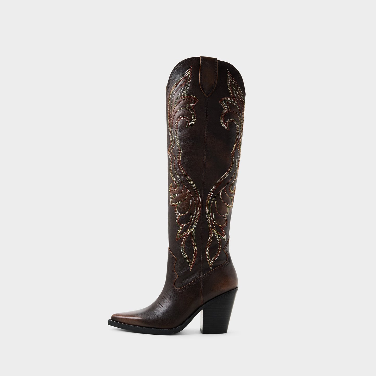 Brown Pointed-Toe Big Wings Embroidery Wide Calf Knee High Cowgirl Boots
