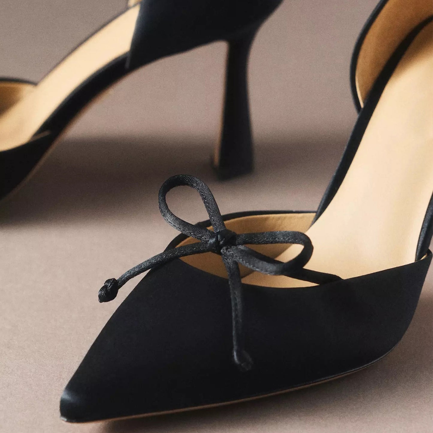 Black Satin Pointed-Toe Front Bow Slip-On Chic High Heels
