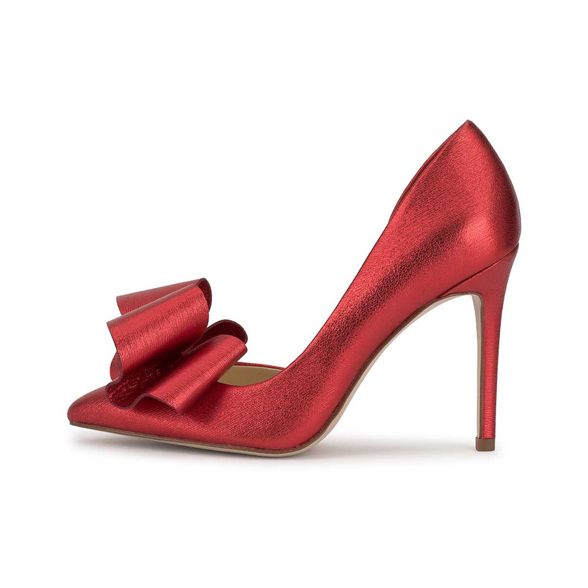 Metallic Red Pointed-Toe Front Big Bow Sleek Slip-On High Heels