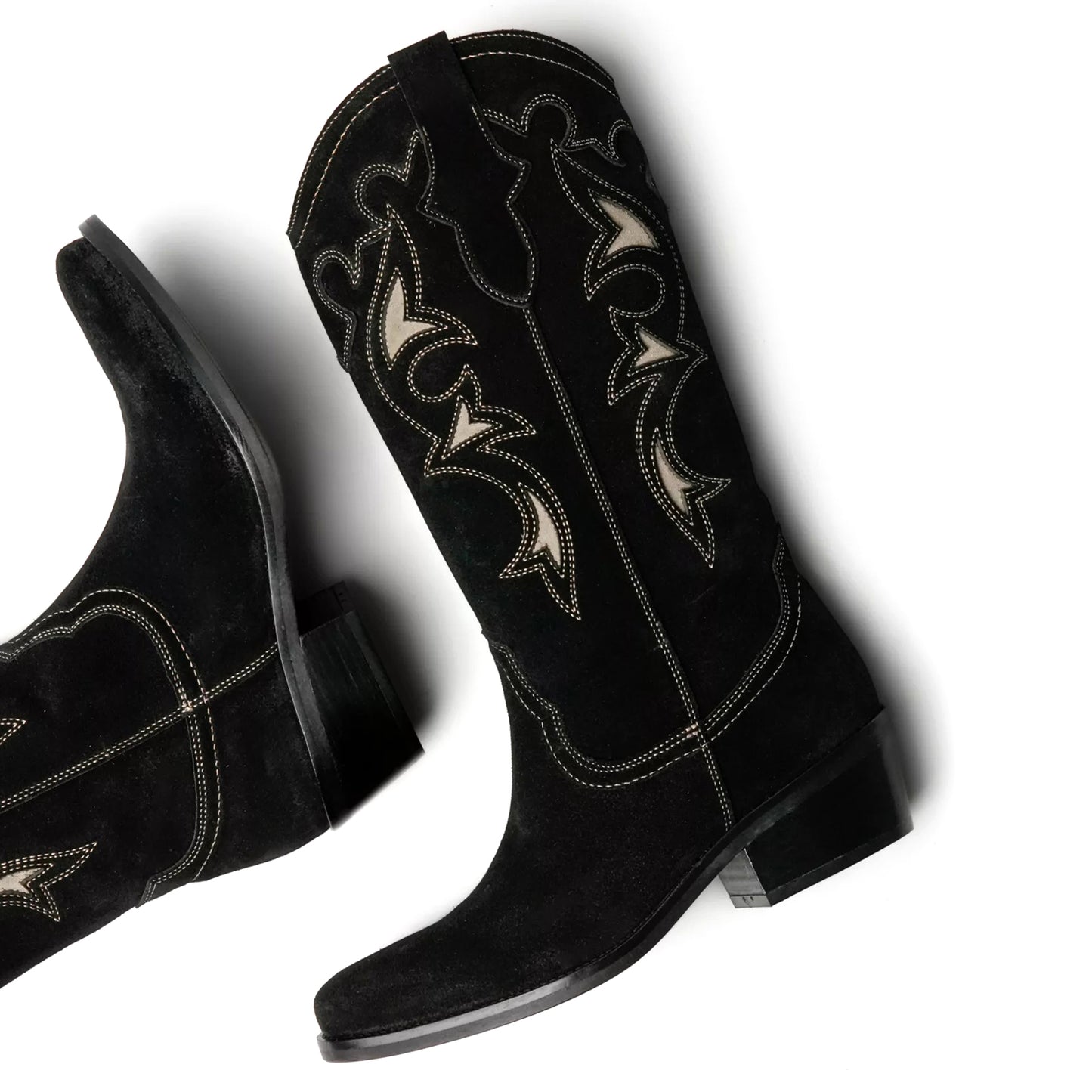 Black Faux Suede Round-Toe Inlays And Embroidery Mid Calf Cowgirl Boots
