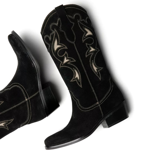 Black Faux Suede Round-Toe Inlays And Embroidery Mid Calf Cowgirl Boots
