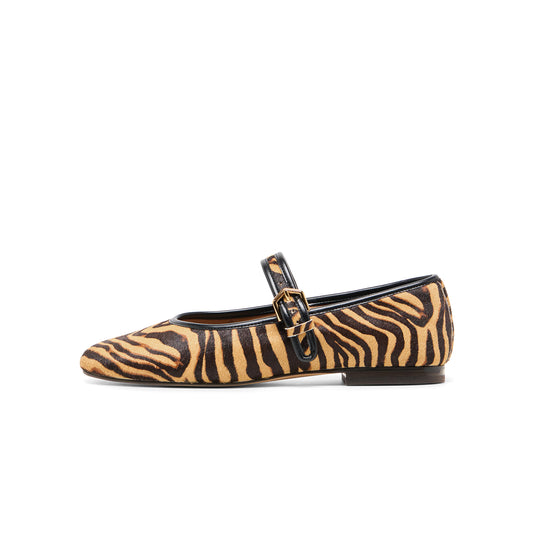 Zebra Print Pony Hair Vegan Leather Round-Toe Bridge Strap Ballet Flats