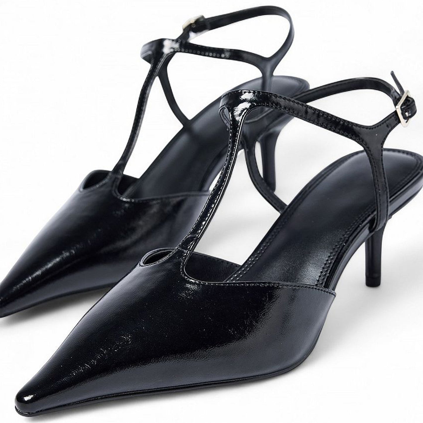 Black Pointed-Toe T-Strap Ankle Strap Kitten Heels Pumps