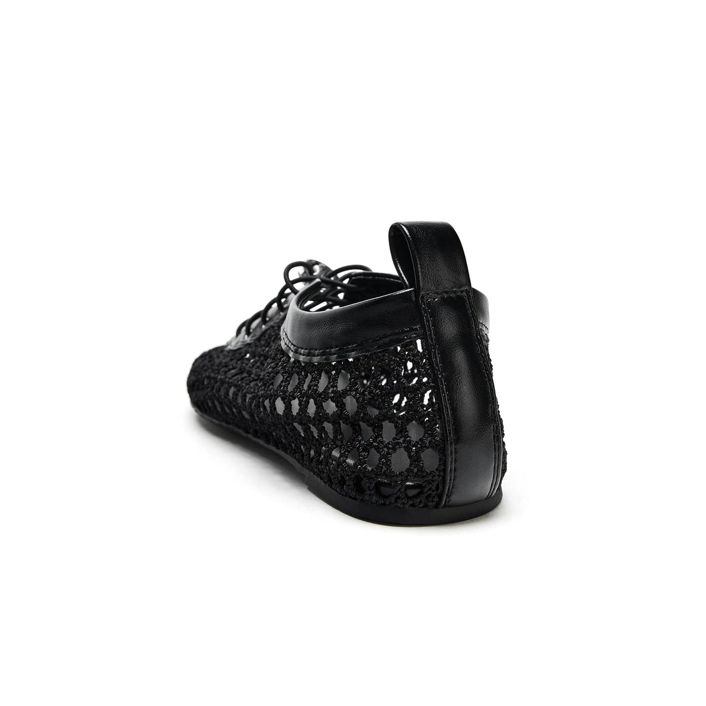Black Vegan Leather Woven Round-Toe Lace-Up Flats