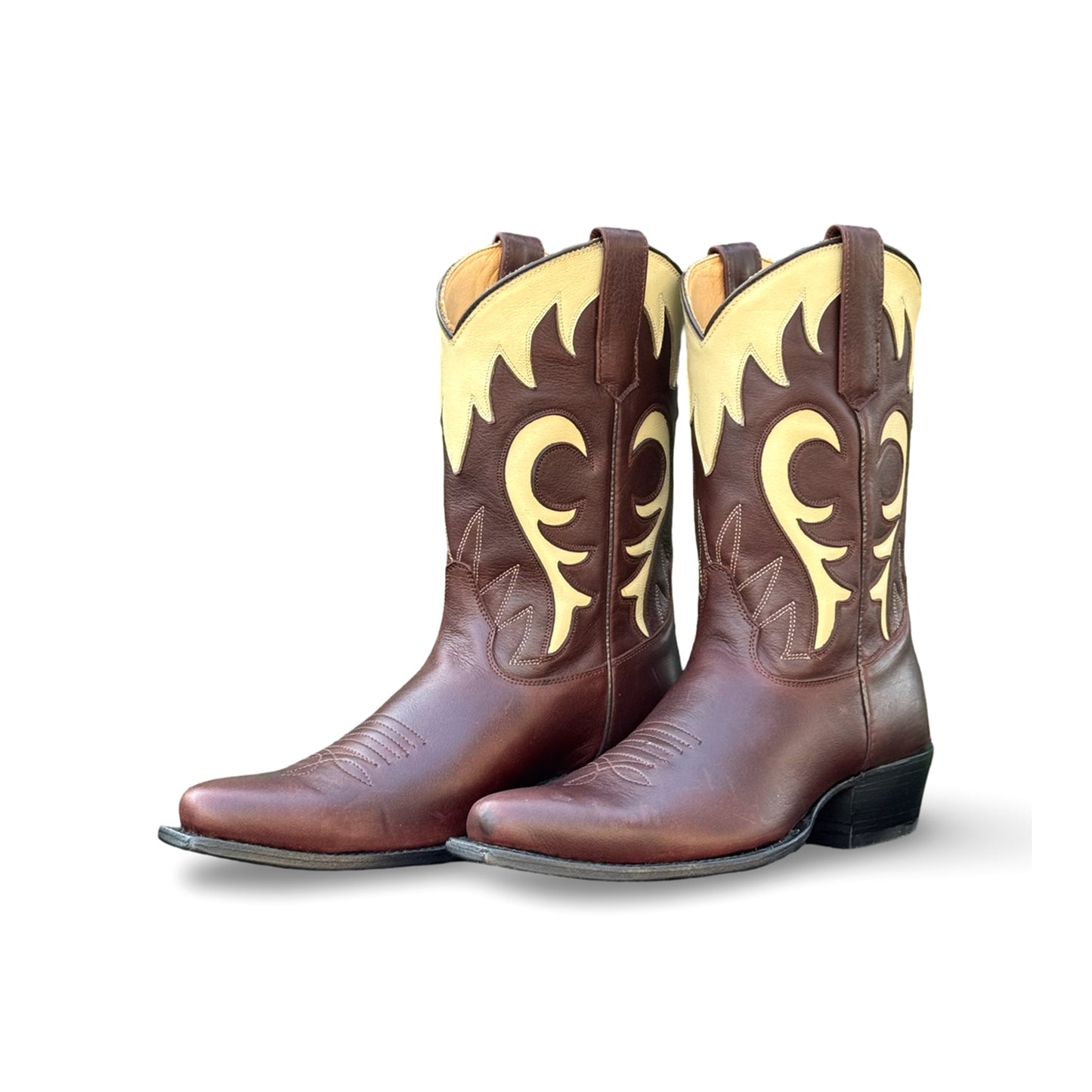 Brown Snip-Toe Cream Inlay Embroidery Mid Calf Cowgirl Boots