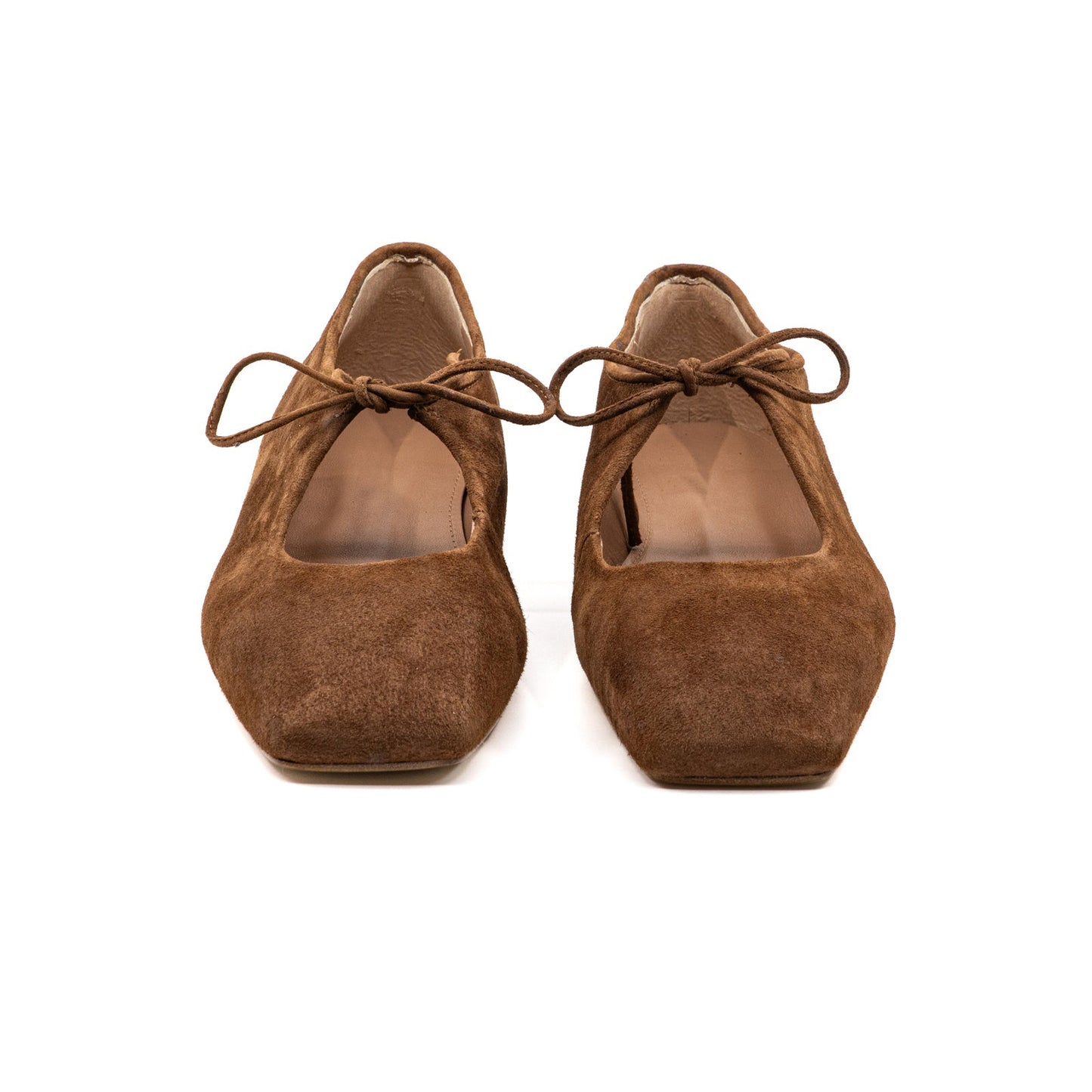 Brown Faux Suede Square-Toe Vamp Strap With Bow Ballet Flats
