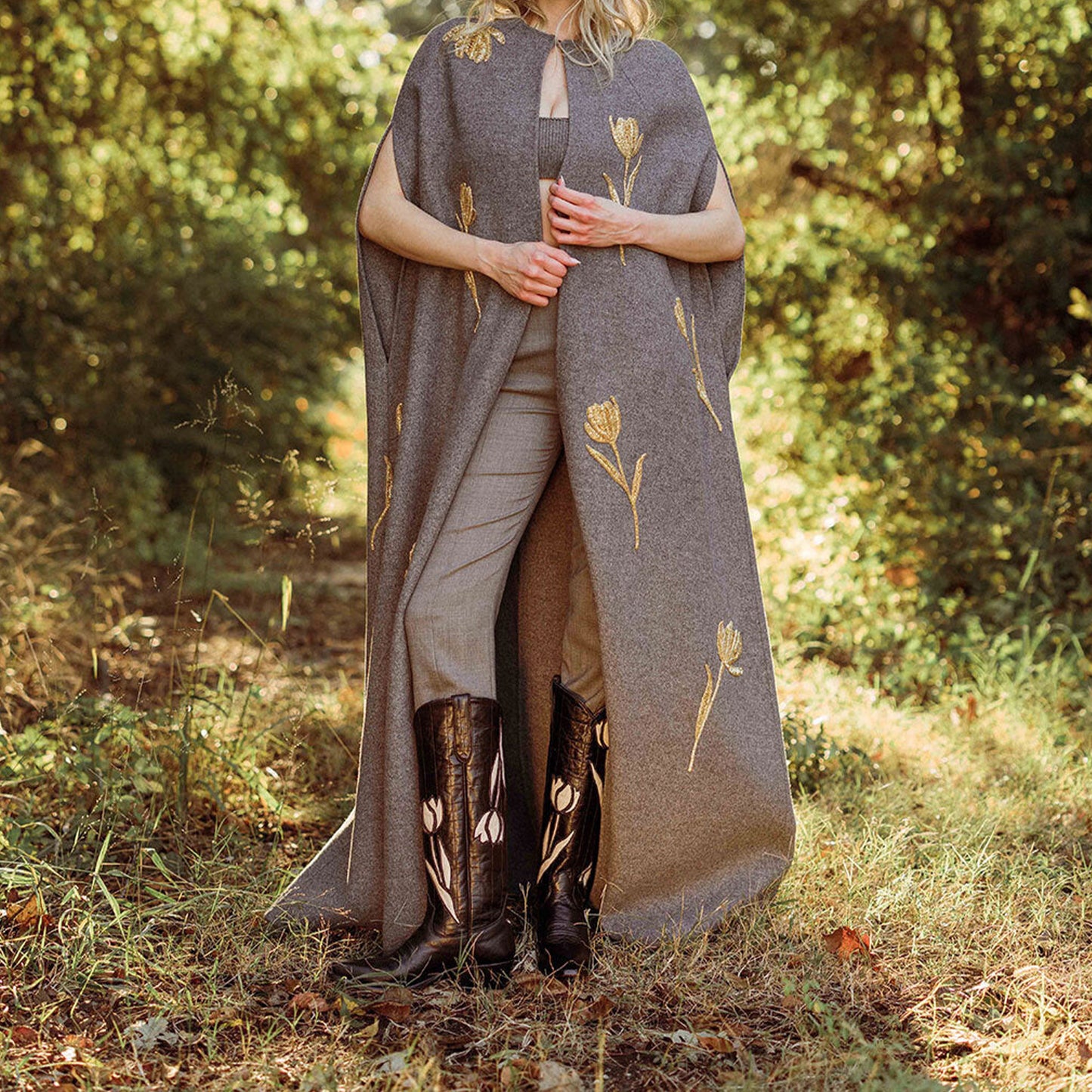 Black Snip-Toe Tulip Inlay Knee High Wide Calf Cowgirl Boots