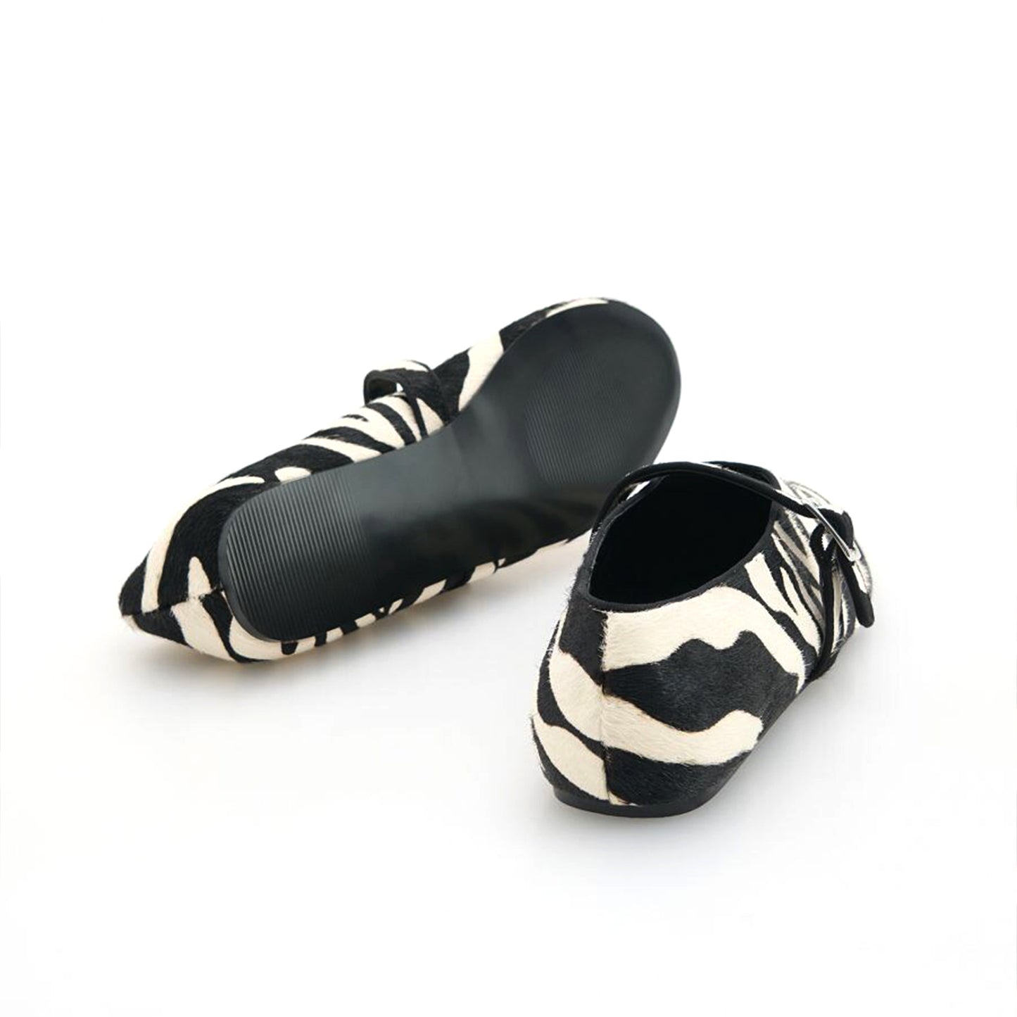 Zebra Print Pony Hair Round-Toe Bridge Strap Ballet Flats