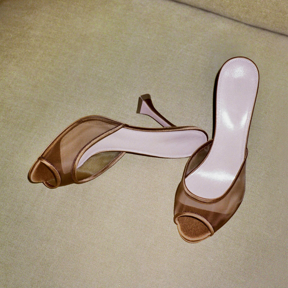 Copper Mesh And Satin Peep Round-Toe Backless Pumps High Heels