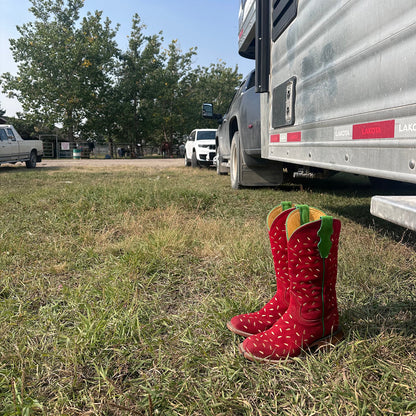 Red Faux Suede Square-Toe Strawberry-Like Mid Calf Cowgirl Boots