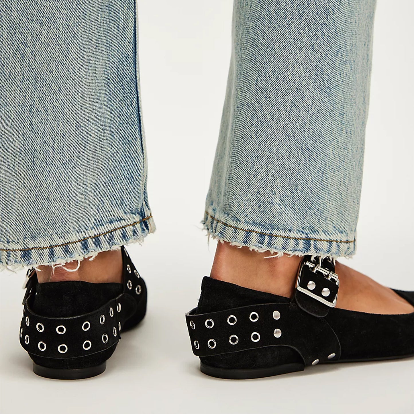 Black Suede Square-Toe Studded Adjustable Strap With Buckle Flats
