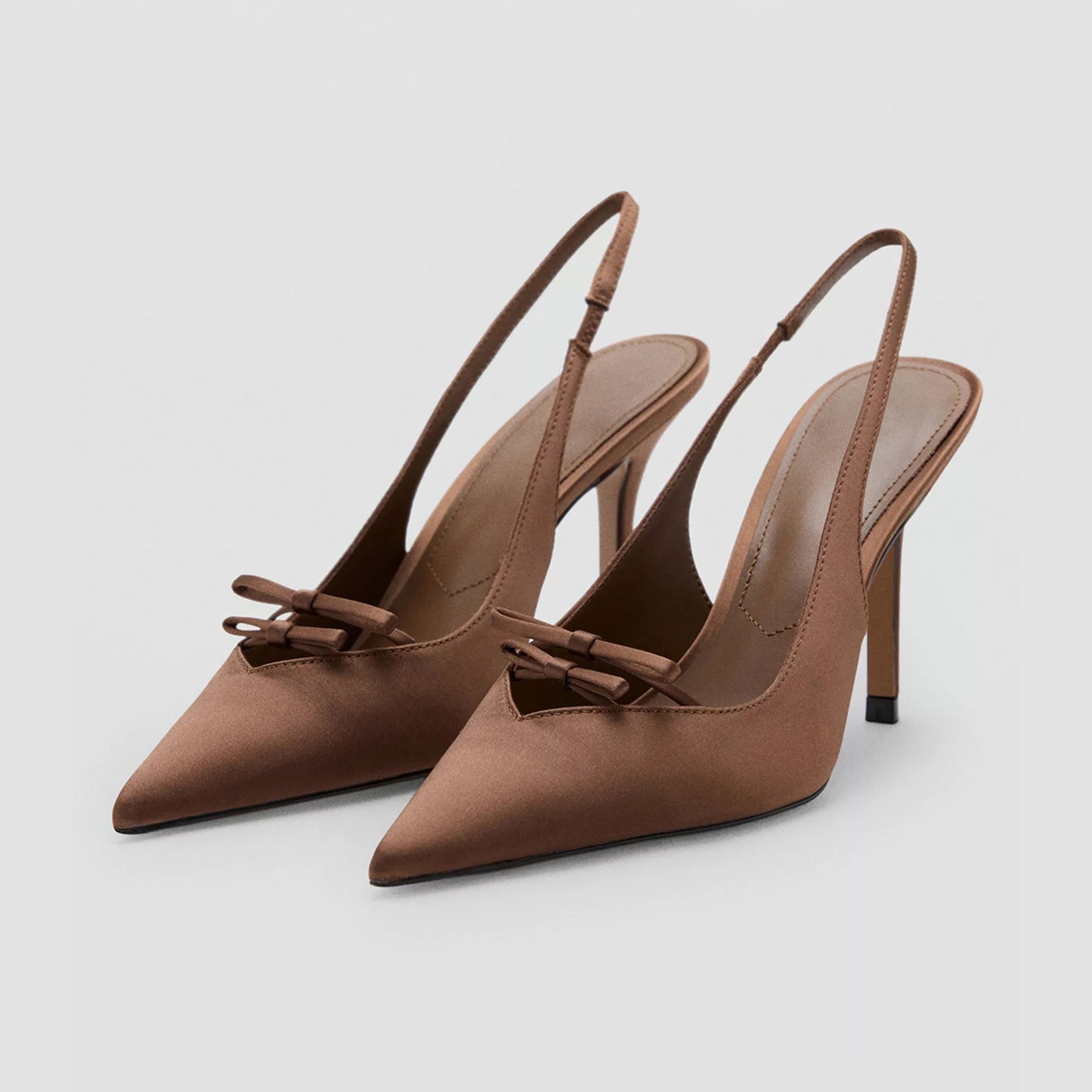 Chocolate Satin Pointed-Toe Front Double Knots Slingback High Heels