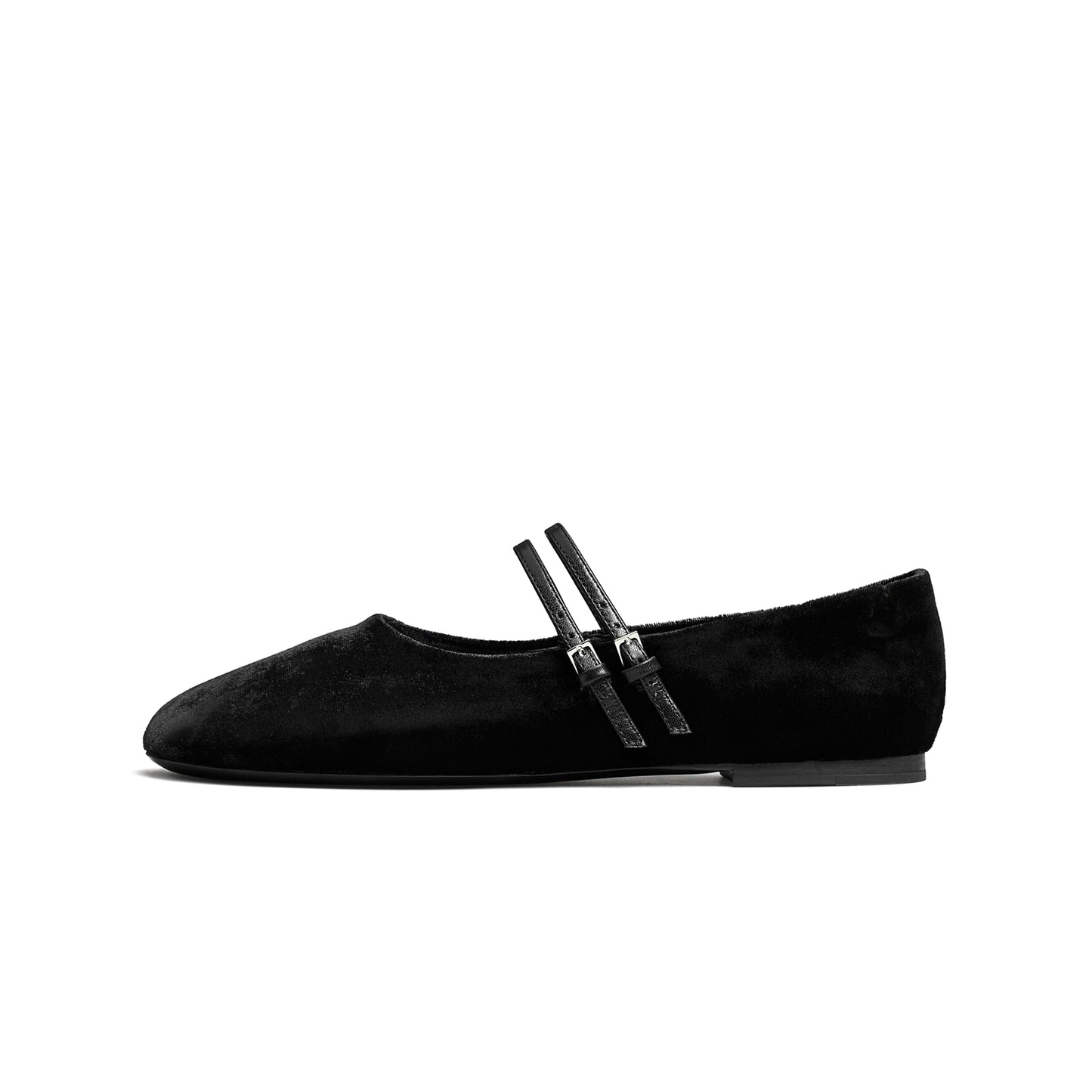 Black Velvet Square-Toe Double Bridge Straps Ballet Flats